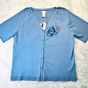 Jaclyn Smith Blue Knit Cardigan Sweater w Floral Brooch XL Short Sleeve New